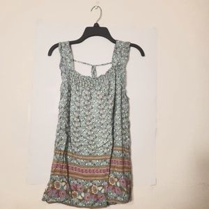 Jade green A line sleeveless blouse with purple, brown, and white floral print